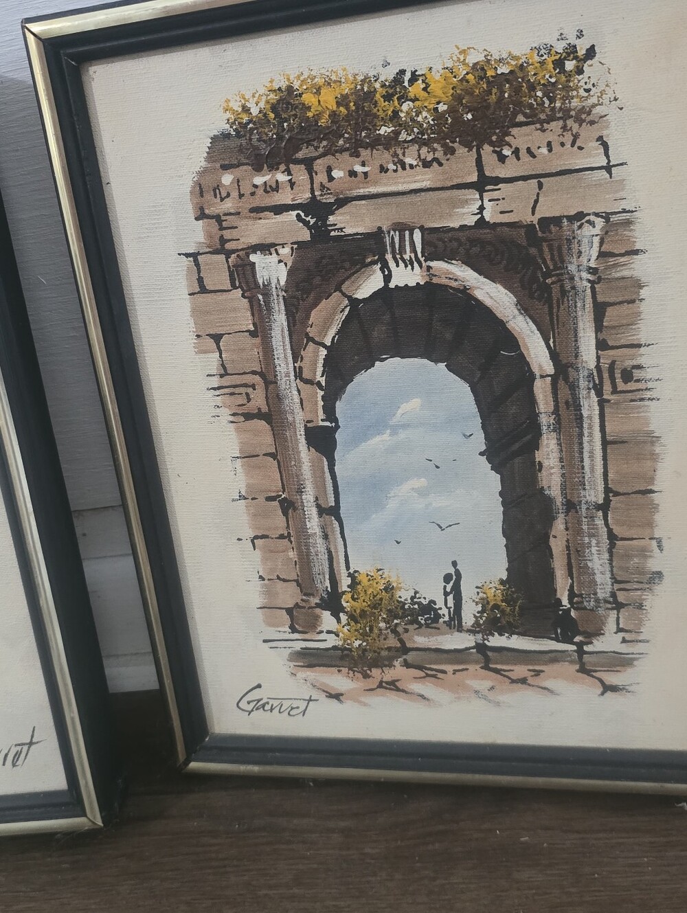 Garrett Signed Painting Eropean Landscape Ruins With People 12x13 Approx